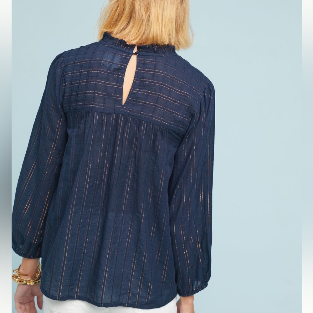 Anthropologie Navy Blue Pintuck Blouse - Picture 2 of 6